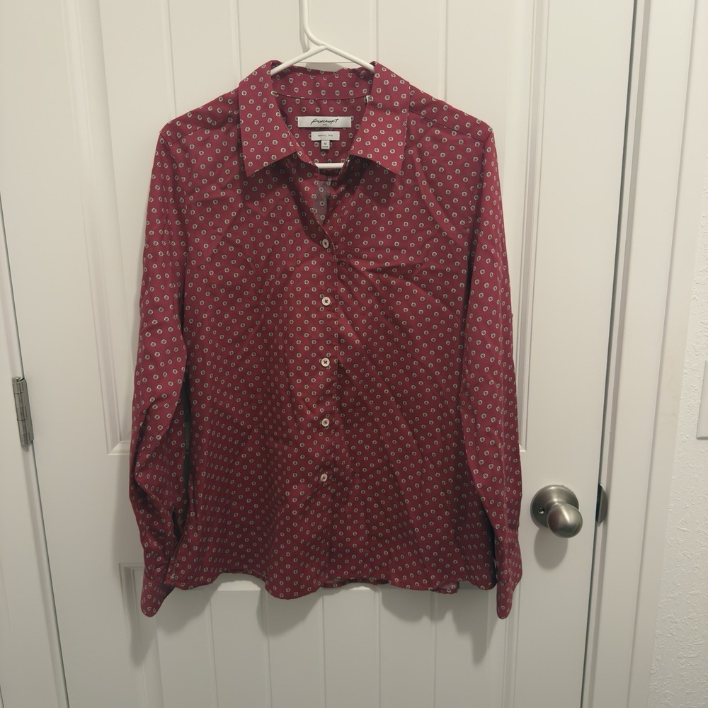Foxcroft Women's Red Circle Design Button Up Long Sleeve Shirt Size 14